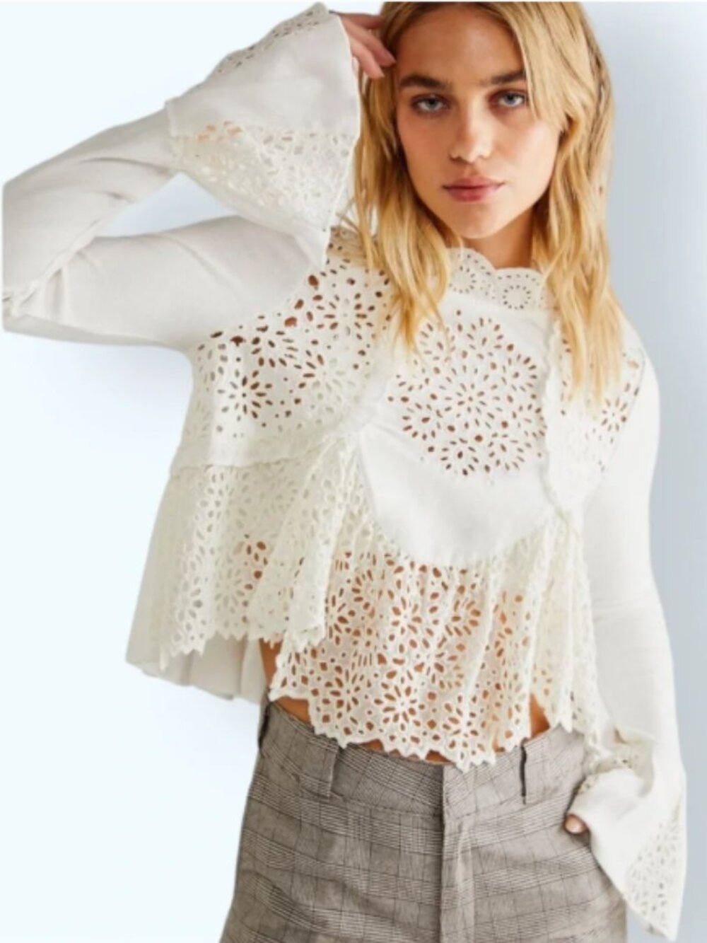 Free People Brittany Eyelet Lace Bell Sleeve Boho Cropped Top XL Cream Off White